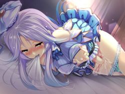 Rule 34 | 1girl, aozora stripe, bare shoulders, bed, bed sheet, blush, grabbing another&#039;s breast, breast slip, breasts, female ejaculation, female masturbation, fingering, game cg, grabbing, hat, long hair, masturbation, mizutani sumire, mouth hold, one breast out, panties, panty pull, piromizu, purple hair, sheet grab, solo, tears, underwear, window, yellow eyes