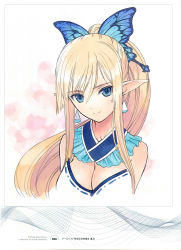 Rule 34 | absurdres, blonde hair, blue eyes, breasts, cleavage, colored eyelashes, copyright name, cropped torso, detached collar, elf, hair between eyes, highres, kirika towa alma, long hair, non-web source, parted bangs, pointy ears, shining (series), shining resonance, shining resonance collection of visual materials, simple background, solo, tony taka, white background