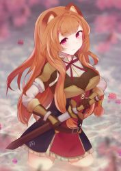 Rule 34 | 1girl, aftergardens, animal ears, armband, armor, blurry, breastplate, breasts, cherry blossoms, depth of field, expressionless, gauntlets, hand on hilt, head tilt, highres, holding, holding sword, holding weapon, large breasts, long hair, looking at viewer, neck ribbon, orange hair, pauldrons, petals, petals on liquid, petticoat, pink eyes, raccoon ears, raccoon girl, raphtalia, red ribbon, ribbon, scabbard, sheath, shirt, shoulder armor, sidelocks, solo, standing, sword, tate no yuusha no nariagari, two-tone dress, unsheathing, very long hair, wading, water, weapon, white shirt