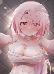 Rule 34 | 1girl, bandages, blush, breasts, clenched teeth, foreshortening, from below, girl on top, hair ornament, hairclip, halloween, highres, large breasts, long hair, looking at viewer, minto yupo, naked bandage, nijisanji, pink eyes, pink hair, shiina yuika, smile, solo, sweat, teeth, virtual youtuber