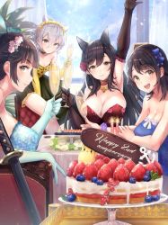 Rule 34 | 4girls, :d, alcohol, animal ears, aqua dress, aqua gloves, arm up, armpits, atago (azur lane), azur lane, bare shoulders, bird, black dress, black hair, black legwear, blue dress, blue sky, blush, bow, breasts, brown eyes, cake, chick, choker, choukai (azur lane), cleavage, closed mouth, cloud, cup, curtains, day, dress, elbow gloves, extra ears, floral print, flower, food, fruit, gloves, gold, hair between eyes, hair bow, hair flaps, hair flower, hair ornament, hair ribbon, holding, holding cup, jewelry, katana, large breasts, leaning forward, light particles, long hair, looking at viewer, mappaninatta, maya (azur lane), mole, mole under eye, multicolored clothes, multicolored dress, multiple girls, necklace, open mouth, ponytail, ribbon, sheath, sheathed, sitting, sky, smile, strapless, strapless dress, strawberry, sunlight, swept bangs, sword, takao (azur lane), very long hair, weapon, window, yellow gloves