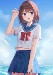 Rule 34 | 1girl, blue sailor collar, blush, bow, bowtie, breasts, chakku illust, commentary, hand up, highres, looking at viewer, medium hair, midriff peek, navel, ocean, original, pleated skirt, purple eyes, red bow, red bowtie, sailor collar, school uniform, serafuku, shirt, short sleeves, skirt, small breasts, smile, solo