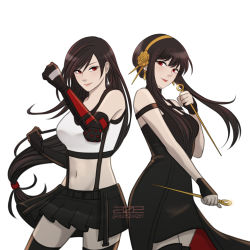 Rule 34 | 2girls, absurdres, azezazel, black dress, black gloves, black hair, black skirt, black thighhighs, breasts, clenched hands, closed mouth, cowboy shot, crop top, crossover, dagger, dress, dual wielding, final fantasy, final fantasy vii, final fantasy vii remake, fingerless gloves, flower, gloves, gold hairband, hair flower, hair ornament, hairband, highres, holding, holding dagger, holding knife, holding weapon, knife, large breasts, long hair, low-tied long hair, medium breasts, midriff, miniskirt, multiple girls, navel, pleated skirt, red eyes, rose, sidelocks, simple background, skirt, spy x family, stomach, tank top, thighhighs, tifa lockhart, trait connection, two-sided dress, two-sided fabric, vambraces, very long hair, weapon, white background, white tank top, yor briar, zettai ryouiki