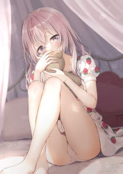 Rule 34 | 1girl, barefoot, bed, blush, canopy bed, collarbone, commentary request, covering own mouth, dress, feet out of frame, female focus, food print, grey eyes, hair between eyes, highres, holding, holding stuffed toy, inui sajuna, knees up, long hair, looking at viewer, neki (wakiko), on bed, panties, pillow, pink hair, print dress, puffy short sleeves, puffy sleeves, short sleeves, sitting, solo, sono bisque doll wa koi wo suru, strawberry print, stuffed animal, stuffed toy, teddy bear, underwear, white dress, white panties