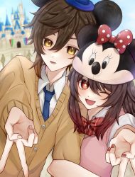Rule 34 | 1boy, 1girl, alternate costume, animal ears, black hair, black headwear, blurry, blurry background, blush, bow, brown hair, castle, collared shirt, colored tips, disneyland, earrings, eyeliner, eyeshadow, face-to-face, flower-shaped pupils, genshin impact, gradient hair, gyaru v, hair between eyes, hat, highres, hu tao (genshin impact), jewelry, locked arms, long hair, long sleeves, looking at viewer, lower teeth only, makeup, mickey mouse, minnie mouse, mnst rone, mouse ears, multicolored hair, nail polish, necktie, one eye closed, open mouth, outdoors, outstretched arm, red eyes, red eyeshadow, red nails, school uniform, shirt, sidelocks, single earring, sky, smile, sweater, sweater vest, symbol-shaped pupils, tassel, tassel earrings, teeth, upper body, v, yellow eyes, zhongli (genshin impact)