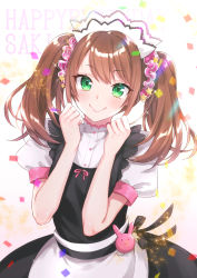 Rule 34 | 10s, 1boy, :3, akariko, apron, black dress, blush, brown hair, buttons, character name, clenched hands, closed mouth, commentary request, confetti, crossdressing, dress, green eyes, hair ornament, hair scrunchie, hands up, happy birthday, head tilt, highres, idolmaster, idolmaster side-m, light particles, long hair, looking at viewer, maid, maid headdress, male focus, mizushima saki, pink ribbon, pink scrunchie, polka dot, polka dot scrunchie, puffy short sleeves, puffy sleeves, ribbon, scrunchie, shirt, short sleeves, sidelocks, simple background, smile, solo, sparkle, star (symbol), star hair ornament, striped clothes, striped scrunchie, swept bangs, trap, twintails, waist apron, white apron, white background, white shirt
