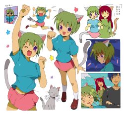 1boy 2000s_(style) 2girls :d @_@ against_window animal_ears arm_up bendedede blood blue_hair blue_shirt blue_sky blush breasts brown_footwear cat cat_ears cat_girl cat_tail closed_eyes cloud cowboy_shot dress falling_petals full_body green_dress green_hair grey_cat grey_fur grey_shirt grey_tail highres hitoshi-san koneko-chan laughing long_hair multiple_girls night nosebleed nyan_neko_sugar_girls one_eye_closed open_mouth orange_eyes petals pink_skirt purple_eyes raku-chan red_hair shirt shoes short_hair skirt sky smile socks sweatdrop t-shirt tail very_short_hair white_background white_socks window wings