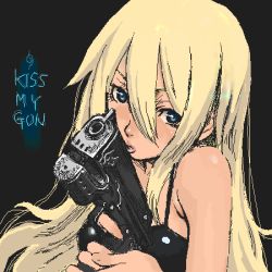 Rule 34 | 1girl, blonde hair, blue eyes, english text, gun, handgun, kaieda hiroshi, kiss, lips, long hair, lowres, object kiss, oekaki, pistol, solo, tank top, weapon