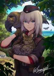 Rule 34 | 1girl, animal, animal on shoulder, animal request, bird, black hat, black jacket, blue eyes, blurry, blurry background, bug, butterfly, closed mouth, day, depth of field, dress shirt, garrison cap, girls und panzer, hat, holding, holding animal, insect, insignia, itsumi erika, jacket, kuromorimine military uniform, long sleeves, looking at viewer, medium hair, military, military hat, military uniform, outdoors, plant, red shirt, shinmai (kyata), shirt, silver hair, sleeves rolled up, smile, solo, tree, twitter username, uniform