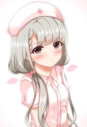 Rule 34 | 1girl, absurdres, blush, braid, braided bangs, breasts, brown eyes, closed mouth, collared shirt, commentary request, cross, detached wings, dress, gradient background, grey hair, hair ornament, hat, highres, hisakawa nagi, idolmaster, idolmaster cinderella girls, long hair, looking at viewer, low twintails, mini wings, naruse nagi, nurse, nurse cap, pink background, pink dress, pink hat, pink wings, shirt, short sleeves, small breasts, smile, solo, twintails, upper body, very long hair, white background, wings, x hair ornament