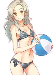 Rule 34 | 1girl, aikatsu!, aikatsu! (series), ball, bare legs, bare shoulders, beachball, bikini, bikini day, breasts, collarbone, commentary request, cowboy shot, eyes visible through hair, forehead, gluteal fold, grin, hair over shoulder, halterneck, highres, holding, holding ball, kurosawa rin (aikatsu!), light brown hair, long hair, looking at viewer, multicolored hair, nokita (pinmisil), parted bangs, red hair, side-tie bikini bottom, simple background, small breasts, smile, solo, stomach, streaked hair, striped bikini, striped clothes, swimsuit, toned, white background