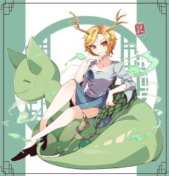 Rule 34 | 1girl, antlers, blonde hair, blue shirt, dragon girl, dragon horns, dragon tail, highres, horns, kicchou yachie, looking at viewer, otter, otter spirit (touhou), red eyes, shirt, short hair, square neckline, tail, tami (joemanyodw), touhou, turtle shell, yellow horns