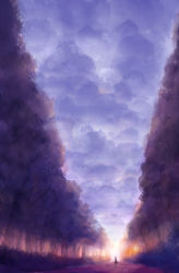 Rule 34 | 1girl, blue sky, cloud, cloudy sky, commentary request, day, original, road, sakimori (hououbds), scenery, sky, solo, standing, tree