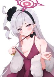 Rule 34 | 1girl, absurdres, black hairband, blue archive, blush, breasts, closed mouth, collarbone, dress, earrings, grey hair, hairband, halo, highres, jewelry, long hair, mutsuki (blue archive), mutsuki (dress) (blue archive), nipples, official alternate costume, pointy ears, red dress, red eyes, red halo, simple background, sleeveless, sleeveless dress, small breasts, smile, solo, uro kohara, white background, white fur