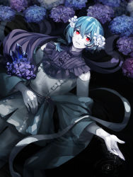 Rule 34 | 1boy, afloat, blue flower, blue gemstone, blue hair, blue nails, capelet, cowboy shot, creatures (company), crystal, dripping, earrings, flower, frilled shirt, frills, from above, game freak, gem, gen 2 pokemon, grey shirt, hair between eyes, hair flower, hair ornament, highres, hydrangea, jewelry, legendary pokemon, long hair, looking at viewer, lying, male focus, merlusa, mole, mole under eye, multicolored hair, nail polish, nintendo, on back, pale skin, parted lips, personification, pokemon, purple capelet, purple flower, purple hair, red eyes, ribbon, shirt, sidelocks, sleeveless, sleeveless shirt, solo, suicune, teeth, two-tone hair, very long hair, water, white flower, white ribbon