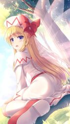 Rule 34 | ass, blonde hair, blue eyes, dress, fairy, fairy wings, from behind, highres, lily white, long hair, looking at viewer, looking back, lzh, on grass, open mouth, sitting, sunlight, touhou, tree, wariza, white dress, white headwear, wings