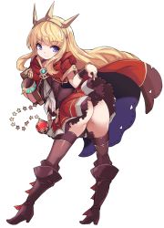Rule 34 | 1girl, ass, black footwear, blonde hair, boots, brown thighhighs, cagliostro (granblue fantasy), closed mouth, from behind, full body, granblue fantasy, granblue fantasy versus, highres, karukan (monjya), long hair, looking at viewer, looking back, no panties, purple eyes, red skirt, simple background, skirt, smile, solo, standing, thighhighs, white background