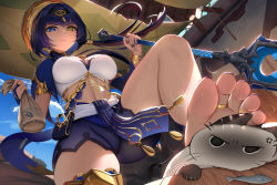 Rule 34 | 1girl, bag, black eyes, blue eyes, blue hair, bracelet, breasts, candace (genshin impact), cat, closed mouth, egyptian clothes, feet, from below, genshin impact, hair ornament, heterochromia, highres, holding, holding bag, jewelry, large breasts, long hair, nail polish, nekoda (maoda), polearm, ring, spear, stepping, thighs, toe ring, toes, weapon, yellow eyes
