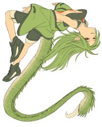 Rule 34 | 1girl, breasts, bright pupils, crop top, dragon girl, dragon tail, full body, gr178rg, green footwear, green hair, green jacket, green scales, green shorts, grin, highres, jacket, long hair, long tail, looking at viewer, orange eyes, original, pointy ears, shorts, simple background, sleeveless, small breasts, smile, solo, tail, underboob, white background, white pupils, wide sleeves