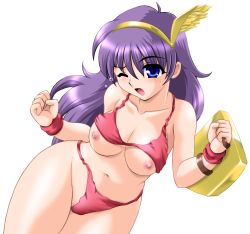 Rule 34 | bikini, blue eyes, breasts, cleavage, highres, hip focus, long hair, navel, nipples, open mouth, princess athena, purple hair, shield, snk, swimsuit, tears, the king of fighters, thighs, toushi ryoku, wide hips, wink