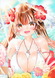 Rule 34 | 1girl, :d, absurdres, armlet, blush, breasts, brown eyes, brown hair, cleavage, collarbone, dot nose, flower, food, fruit, gem, glass, head tilt, hibiscus, highres, jewelry, large breasts, long hair, looking at viewer, marker (medium), necklace, ocean, open mouth, original, palm tree, pearl (gemstone), pineapple, pineapple slice, shiny skin, signature, smile, solo, summer, tentekomai, traditional media, tree, twintails, upper body, white swimsuit