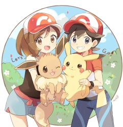 Rule 34 | 1boy, 1girl, :3, animal hands, arms up, artist name, bad id, bad pixiv id, baseball cap, black eyes, black hair, black shirt, blue pants, blue sky, blush, blush stickers, brown eyes, brown hair, bush, chase (pokemon), closed mouth, cloud, copyright name, creatures (company), day, eevee, elaine (pokemon), english text, flat chest, flower, game freak, gen 1 pokemon, green shorts, grin, happy, hat, highres, holding, holding pokemon, legs apart, light blush, looking at viewer, matching hair/eyes, mei (maysroom), nintendo, open mouth, outdoors, pants, pawpads, pikachu, poke ball theme, pokemon, pokemon (creature), pokemon lgpe, ponytail, red headwear, red shirt, shirt, short hair, short shorts, short sleeves, shorts, side slit, signature, sky, smile, teeth, white flower, wristband
