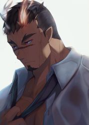 Rule 34 | 1boy, backlighting, bara, black hair, collared shirt, crow (siranui), facial hair, fiery horns, forked eyebrows, goatee, highres, horns, looking to the side, male focus, mature male, muscular, muscular male, necktie, open clothes, open shirt, pectoral cleavage, pectorals, pointy ears, portrait, salaryman, scar, scar on face, scar on nose, shirt, short hair, sideburns, solo, tokyo houkago summoners, undercut, undressing, upper body, wet, wet clothes, wet shirt, white background, yoritomo (housamo)