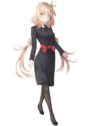 Rule 34 | 1girl, black dress, black footwear, black pantyhose, blonde hair, blush, bow, closed mouth, dress, feather hair ornament, feathers, floating hair, full body, green eyes, hair between eyes, hair ornament, high heels, highres, kokose, long hair, long sleeves, looking at viewer, original, pantyhose, pumps, red bow, simple background, smile, solo, twintails, very long hair, walking, white background, yellow feathers