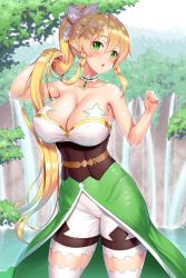 Rule 34 | 1girl, bare shoulders, blonde hair, blush, braid, breasts, choker, cleavage, collarbone, day, detached collar, dress, fairy, green dress, green eyes, hair between eyes, hair ornament, highres, holding, holding hair, huge breasts, kawase seiki, large breasts, leafa, long ears, long hair, looking at viewer, open mouth, outdoors, pointy ears, solo, star (symbol), strapless, strapless dress, sword art online, thighhighs, tree, twin braids, very long hair, water, waterfall, white thighhighs