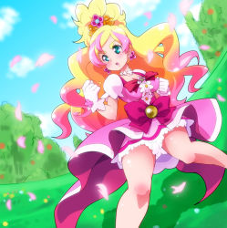 Rule 34 | 1girl, aqua eyes, blonde hair, blush, bow, breasts, choker, cure flora, dutch angle, earrings, eyebrows, fighting stance, flower earrings, gloves, go! princess precure, gradient hair, haruno haruka, highres, jewelry, long hair, magical girl, multicolored hair, petals, pink bow, pink hair, pink skirt, precure, ryuuta (cure ryuuta), serious, skirt, solo, streaked hair, thick eyebrows, two-tone hair, waist bow, white gloves