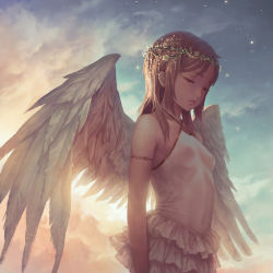Rule 34 | 1girl, angel, angel wings, armlet, backlighting, breasts, brown hair, cloud, covered erect nipples, covered navel, dress, closed eyes, feathered wings, head wreath, highres, light particles, lips, long hair, original, popobobo, revision, see-through, short dress, sky, sleeveless, sleeveless dress, small breasts, solo, spread wings, upper body, white dress, wings
