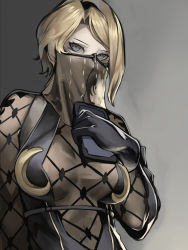 Rule 34 | 1girl, black gloves, blonde hair, blue eyes, breasts, gloves, gradient background, grey background, hairband, highres, kumiko shiba, looking at viewer, mask, nier (series), nier:automata, operator 21o, see-through, short hair, simple background, solo, tablet pc