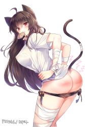 Rule 34 | 1girl, ahoge, animal ears, artist name, ass, bad id, bad pixiv id, black hair, blush, breasts, bruise, butt crack, cat ears, cat girl, cat tail, fish, fish in mouth, hair between eyes, highres, injury, iris yuma, korean text, large breasts, long hair, looking at viewer, looking back, maett, mouth hold, nipples, panties, panty pull, red eyes, shirt, simple background, solo, soulworker, spanked, string panties, tail, tears, underwear, very long hair, wet, wet clothes, wet shirt, white background