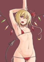 Rule 34 | 1girl, armpits, arms up, baketsuya, bikini, blonde hair, breasts, cameltoe, covered erect nipples, cowboy shot, fang, flandre scarlet, gluteal fold, groin, hair between eyes, halterneck, halterneck, hand on own arm, highres, hip bones, laevatein (tail), long hair, looking at viewer, micro bikini, navel, one-hour drawing challenge, one eye closed, open mouth, red bikini, red eyes, ribs, side-tie bikini bottom, simple background, slit pupils, small breasts, solo, standing, stomach, stretching, string bikini, swimsuit, tail, touhou, wings, yawning