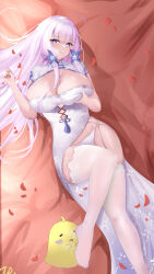 Rule 34 | 1girl, absurdres, ahoge, azur lane, blue flower, blue tassel, breasts, china dress, chinese clothes, cleavage, cleavage cutout, closed mouth, clothing cutout, dress, feet, flower, garter straps, grabbing own breast, grey dress, hair flower, hair ornament, heart, heart-shaped pupils, highres, illustrious (azur lane), initial, large breasts, long hair, lying, manjuu (azur lane), nanoda002 (saber427), on back, panties, pink pupils, purple eyes, purple hair, red nails, red petals, sidelocks, skindentation, symbol-shaped pupils, thighhighs, thighs, underwear, white garter straps, white panties, white thighhighs