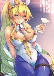 Rule 34 | 1girl, animal ears, artoria pendragon (all), artoria pendragon (fate), artoria pendragon (swimsuit ruler) (fate), bare shoulders, between breasts, blonde hair, blush, breasts, cameltoe, cleavage, clothing cutout, fate/grand order, fate (series), green eyes, highres, large breasts, leaning back, leotard, long hair, looking at viewer, navel, navel cutout, necktie, necktie between breasts, pantyhose, pool, rabbit ears, satou (kuso-neet), seductive smile, shiny clothes, shiny skin, smile, spill, thigh strap