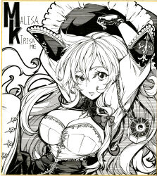 Rule 34 | 1girl, arms up, bow, braid, breasts, chain, character name, cleavage, english text, engrish text, frilled hat, frills, greyscale, hair bow, hat, highres, ishida kazuma, kirisame marisa, large breasts, long hair, looking at viewer, mini-hakkero, monochrome, parted lips, ranguage, shikishi, side braid, single braid, touhou, traditional media, typo, upper body