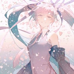 Rule 34 | 1girl, aqua hair, bare shoulders, black sleeves, blue background, blue eyes, cherry blossoms, chinese commentary, collared shirt, commentary, detached sleeves, falling leaves, falling petals, flower, frilled shirt, frills, gradient background, gradient eyes, gradient hair, grey shirt, hair ribbon, happy, hatsune miku, highres, leaf, long hair, long sleeves, looking at viewer, multicolored eyes, multicolored hair, necktie, open mouth, petals, pink background, pink eyes, pink flower, pink hair, pink necktie, purple ribbon, ribbon, sakura miku, shangjinyoukaixin, shirt, simple background, sleeveless, sleeveless shirt, smile, solo, striped ribbon, teeth, transformation, twintails, upper body, very long hair, vocaloid