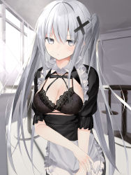 Rule 34 | 1girl, absurdres, apron, black bra, black dress, bra, breasts, cleavage, cowboy shot, dress, expressionless, grey eyes, hair ornament, highres, lace, lace-trimmed bra, lace trim, large breasts, lingerie, long hair, looking at viewer, maid, maid apron, neck ribbon, open clothes, open dress, original, parted lips, ribbon, short sleeves, silver hair, solo, string bra, twintails, underwear, very long hair, waist apron, wing collar, x hair ornament, zukan (db tyoutyo)