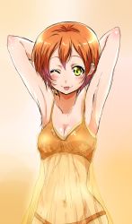 Rule 34 | 10s, 1girl, ;p, armpits, arms behind head, arms up, blush, bra, cowboy shot, highres, hoshizora rin, lingerie, looking at viewer, love live!, love live! school idol project, navel, negligee, one eye closed, orange background, orange bra, orange panties, panties, shogo (4274732), short hair, solo, tongue, tongue out, underwear, underwear only, yellow eyes