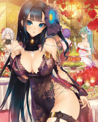 Rule 34 | 4girls, ^ ^, aqua eyes, aqua hair, artist request, bare shoulders, black gloves, black hair, blue eyes, blush, breasts, buffet, cleavage, covered navel, cowboy shot, dengeki moeou, detached sleeves, dress, elbow gloves, closed eyes, glint, gloves, green eyes, groin, hair ornament, hand on own chest, highres, indoors, jewelry, large breasts, long hair, looking at viewer, multiple girls, necklace, no bra, no panties, one side up, parted lips, purple hair, sengoku bushouki muramasa, side ponytail, side slit, silver hair, smile, thigh strap, very long hair, white dress, white gloves