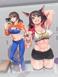 Rule 34 | 2girls, abs, animal ears, arm behind head, arm up, black hair, black nails, blurry, blurry foreground, breasts, brown hair, cat ears, cellphone, character request, cleavage, collarbone, commentary, commission, copyright request, english commentary, eyelashes, fangs, fingernails, grin, hand on own hip, heart sticker, heterochromia, highres, holding, holding phone, hood, hoodie, jewelry, locker, locker room, looking at phone, looking at viewer, lyoung0j, medium breasts, multicolored hair, multiple girls, multiple rings, muscular, muscular female, navel, orange eyes, orange hoodie, pants, phone, pixiv commission, ring, selfie, shoes, shorts, smartphone, smile, sportswear, stomach, streaked hair, sweat, v, wrist chain