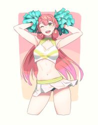 Rule 34 | 1girl, akashi (kancolle), alternate costume, blush, breasts, cheerleader, cropped legs, green eyes, hair ribbon, highres, kantai collection, long hair, medium breasts, navel, one eye closed, open mouth, panties, pink hair, pom pom (cheerleading), ribbon, simple background, skirt, solo, tress ribbon, underwear, yuuji (and)