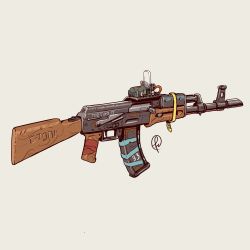 Rule 34 | ak-47, akm, assault rifle, commentary, copyright name, duct tape, fernando correa, from side, grey background, gun, highres, kalashnikov rifle, metro 2033, no humans, original, rifle, russian text, scope, signature, simple background, still life, weapon, weapon focus