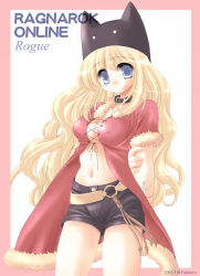 1girl 2000s_(style) 2003 archived_source arms_behind_back artist_name belt belt_collar black_collar black_hat black_shorts blonde_hair blue_eyes breasts character_name cleavage collar copyright_name covered_erect_nipples fujimiya_misuzu fur-trimmed_sleeves fur_collar fur_trim hand_on_own_arm hat long_hair medium_breasts navel o-ring o-ring_belt ragnarok_online rogue_(ragnarok_online) short_sleeves shorts solo wavy_hair yellow_belt