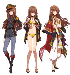Rule 34 | 10s, 1girl, alternate costume, anklet, belt, bikini, bikini under clothes, blush, boots, bracelet, brown hair, chain, cosplay, costume chart, costume request, earrings, embarrassed, epaulettes, fate/extra, fate/extra ccc, fate (series), full body, gilgamesh, gilgamesh (caster) (fate), gilgamesh (caster) (fate) (cosplay), gilgamesh (fate), gold, hand on own hip, hat, jacket, jacket on shoulders, jewelry, kishinami hakuno (female), liusang, long hair, looking at viewer, looking down, military, military uniform, multiple persona, necklace, official alternate costume, open clothes, open jacket, peaked cap, slippers, smile, standing, swimsuit, uniform, wavy hair, white background, yellow bikini, yellow eyes