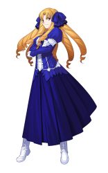 Rule 34 | 1girl, blonde hair, blue dress, brown eyes, crossed arms, dress, fate/hollow ataraxia, fate (series), full body, hair ornament, highres, long hair, looking at viewer, luviagelita edelfelt, pleated dress, solo, takeuchi takashi, transparent background