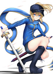 Rule 34 | 1girl, absurdres, ahoge, artoria pendragon (fate), azarashi (azrsot), black footwear, black shorts, blonde hair, blue eyes, blue hat, blue jacket, blue scarf, blush, boots, dual wielding, excalibur (fate/stay night), excalibur morgan (fate), fate/grand order, fate (series), floating hair, hair between eyes, hat, highres, holding, holding sword, holding weapon, jacket, knee boots, long hair, long sleeves, looking at viewer, mysterious heroine x (fate), outstretched arms, peaked cap, ponytail, scarf, shiny skin, short shorts, shorts, smile, solo, squatting, sword, weapon, white background, wristband