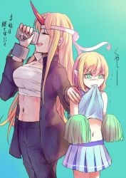 Rule 34 | 2girls, alternate costume, bare shoulders, beer can, biting, biting clothes, blonde hair, blue background, blue pants, blue skirt, breasts, can, cheerleader, chest sarashi, cleavage, clenched teeth, contemporary, cowboy shot, cuffs, culter, drink can, drinking, gakuran, green eyes, hachimaki, hand on another&#039;s shoulder, headband, height difference, horns, hoshiguma yuugi, mizuhashi parsee, multiple girls, navel, open clothes, pants, pointy ears, pom pom (cheerleading), sarashi, school uniform, shackles, single horn, skirt, tears, teeth, touhou, translation request, tsurime