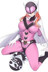 Rule 34 | absurdres, artist name, belt, black footwear, bodysuit, boots, breasts, cameltoe, cape, character doll, gloves, hand on own thigh, helmet, highres, impossible bodysuit, impossible clothes, kneeling, large breasts, lipstick, long hair, makeup, narulinn, orange hair, parted lips, pink bodysuit, pink keeper, pink lips, sakurama sesera, sentai daishikkaku, signature, stuffed toy, white cape, white gloves